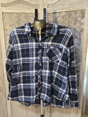 Eddie Bauer Blue and White Plaid Button-Down Shirt